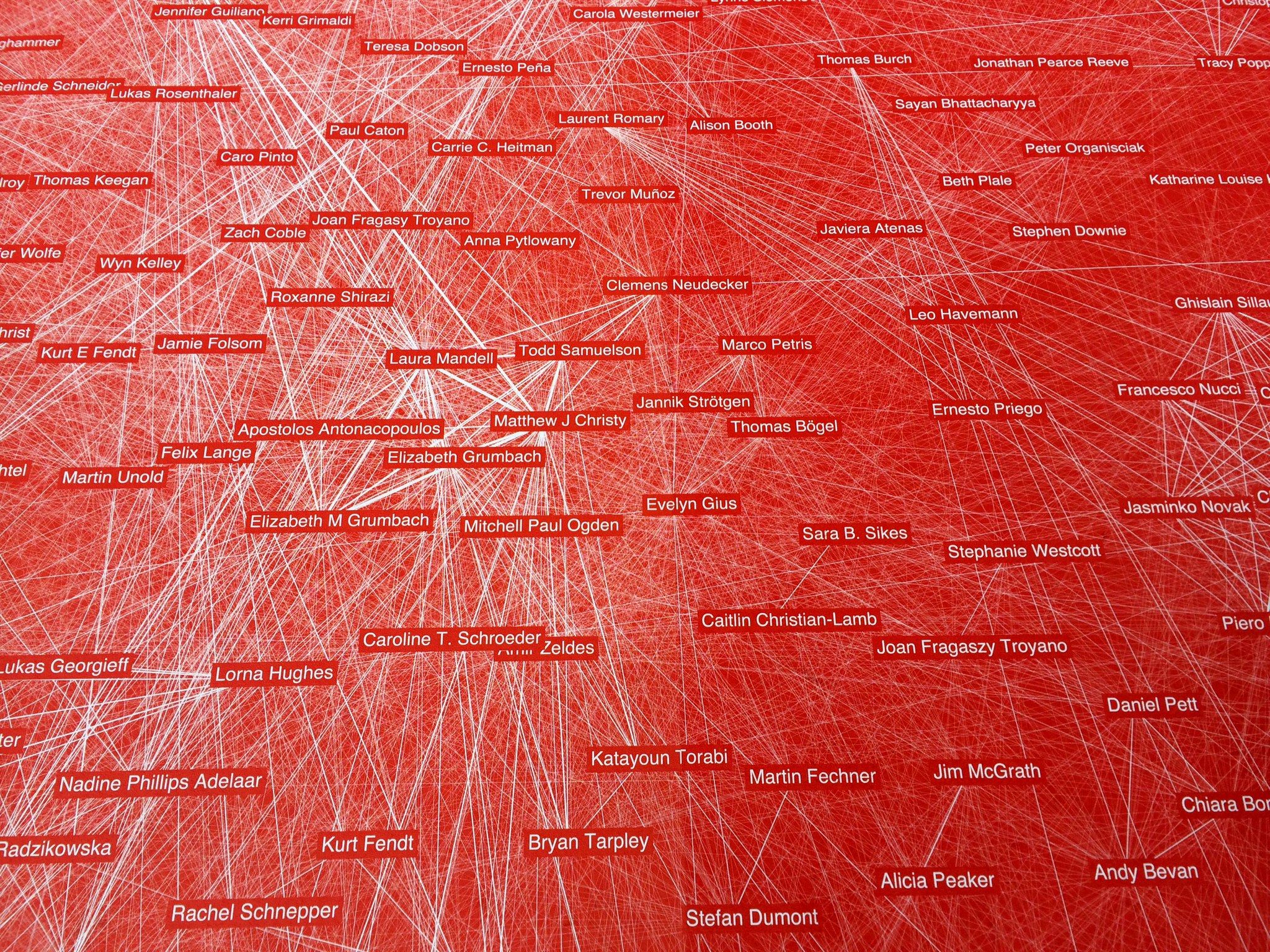 Dario Rodighiero—Designer and Doctoral Assistant at DHLAB, EPFL—has created the DH2014 conference identity. The identity is built upon a network, and this network is composed entirely of keywords describing DH2014’s accepted papers and posters. Two keywords are connected if they are used in the same paper, and an edge’s weight is given by the number of papers using these two keywords. Furthermore, to increase the depth of layers, edge thickness has been intensified according to the number of authors creating these pairs, emphasizing their voices. Source: http://dh2014.org/2014/06/26/dh2014-conference-identity/